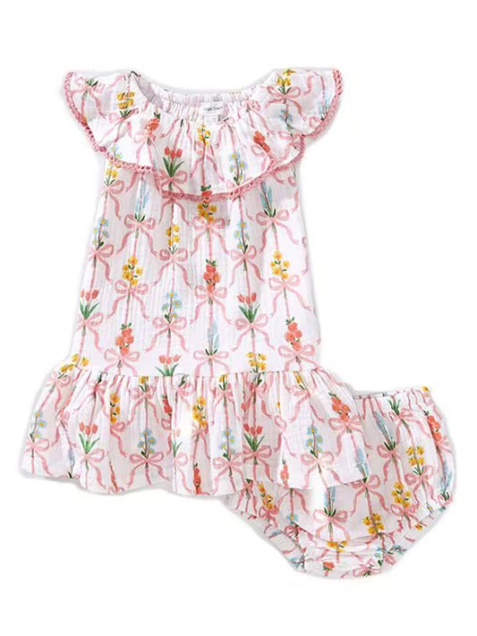 Angel Dear Girls Ribbon Bouquets Circle Neck Ruffle Dress & bloomer