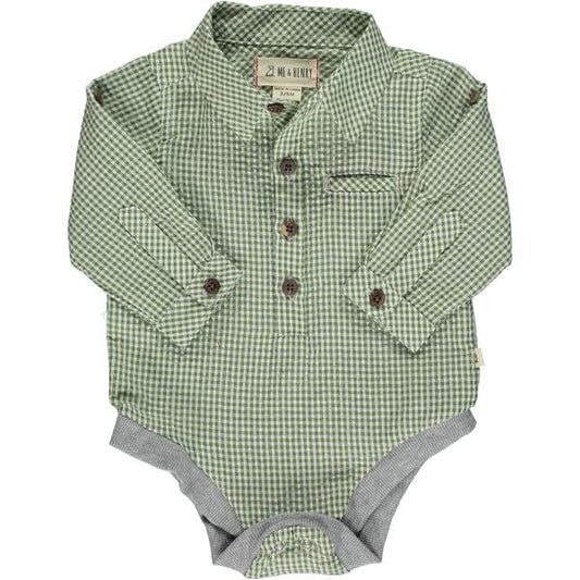 Green Small Plaid Boys Long Sleeve Onesie